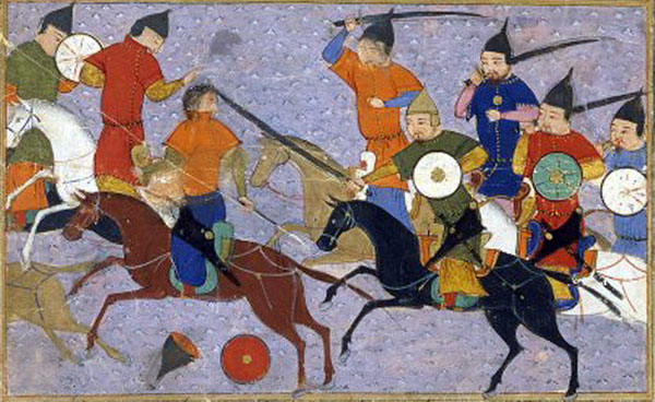 A painting of Mongol warriors pursuing Chinese horsemen. The Mongols are clearly the aggressors as they are wielding swords and lances. The Chinese are obviously retreating.