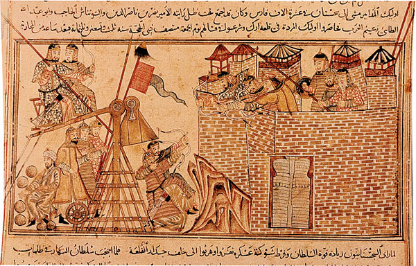 A tapestry of Mongol warriors laying siege to a castle that is defended by soldiers shooting arrows down at them. The Mongols are shooting arrows back at them and preparing a siege engine and a catapult.