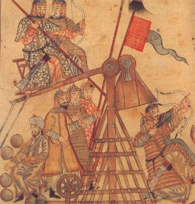 A painting of a Mongol soldiers operating a catapult. Some of them are shooting arrows while others are loading the catapult projectile.