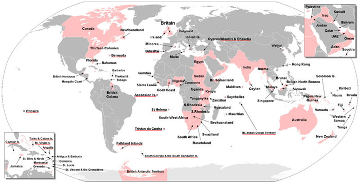 A special purpose map showing the extent of the British Empire throughout the world.