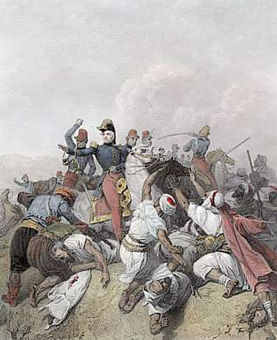 A painting depicting mounted French soldiers fighting with Algerian foot soldiers. The French are wielding sabers and appear to be dominating their foe.