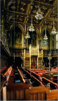 A photograph of the interior of the House of Lords in London, England.