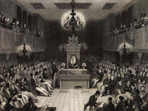 A drawing of the interior of the House of Commons in London, England.
