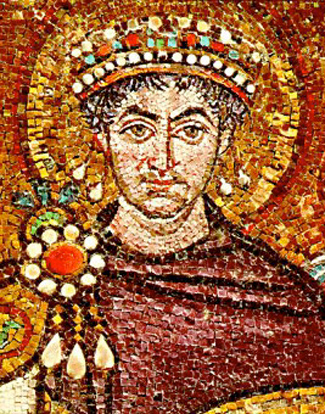 A mosaic portrait of Byzantine Emperor Justinian. The mosaic is composed of colored bits of tile put together to create an image.