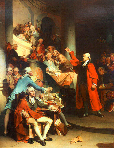 A painting of Patrick Henry giving his 'give liberty or give me death' speech before the Virginia Legislature. He is wearing a red cape and is standing before people seated in rows.