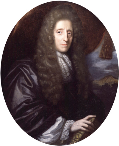 A 1684 painting/portrait of English philosopher and physician John Locke. He is man in middle age with long hair wearing a professor's robe.