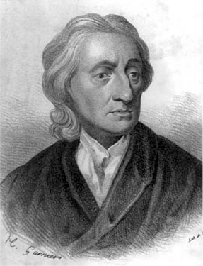 A painting/portrait of John Locke, a man in late middle age with longish hair dressed in 17th century clothes.