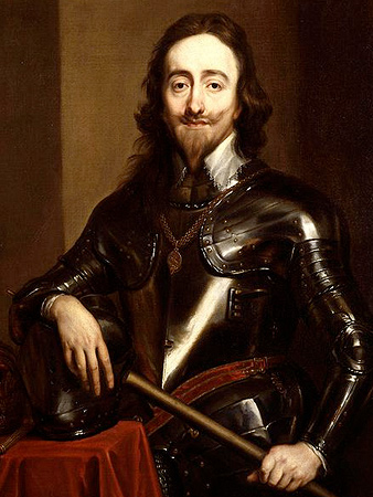 A painting/portrait of King Charles I of England. He is a man in late middle age wearing armor, with long hair, and a goatee.
