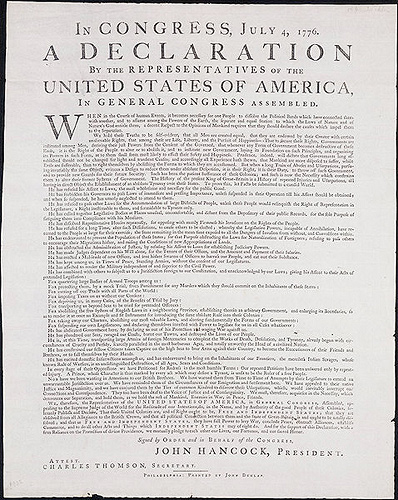A photocopy of the front page of the United States Declaration of Independence.
