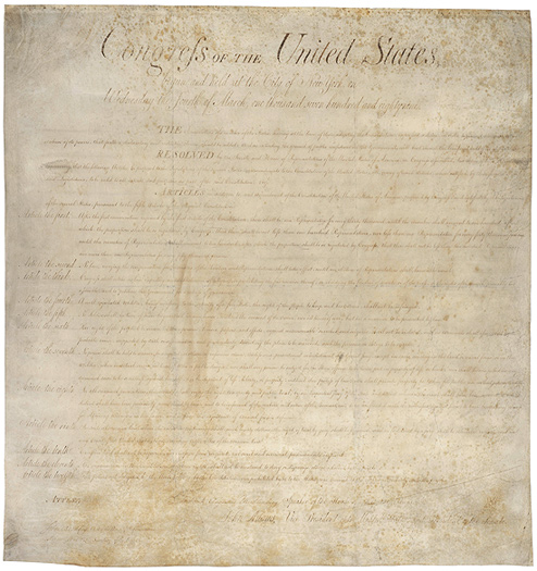 A photocopy of the United States Constitutional Amendments known as the Bill of Rights.