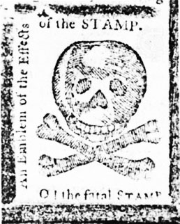 A protest stamp signifying the colonial dislike of the Stamp Act of 1765.  It is a stamp f a skull and crossbones with the words 'All Emblem of the Effects of the Stamp.  O!  The Fatal Stamp!'