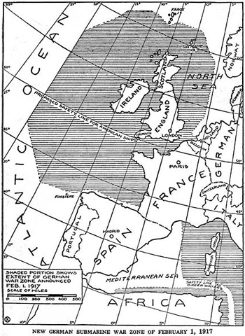 A special purpose map showing the zones where German submarines hunted ships in the Atlantic Ocean.