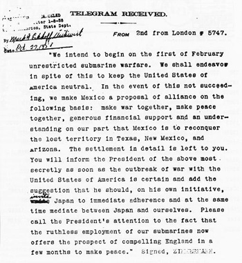 An actual copy of the Zimmermann note typed on paper.