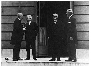 The Council of Four at Versailles, France. Featured in the photo are David Lloyd George (Great Britain), Vittorio Emanuele Orlando (Italy), George Clemenceau (France), and President Woodrow Wilson (United States).