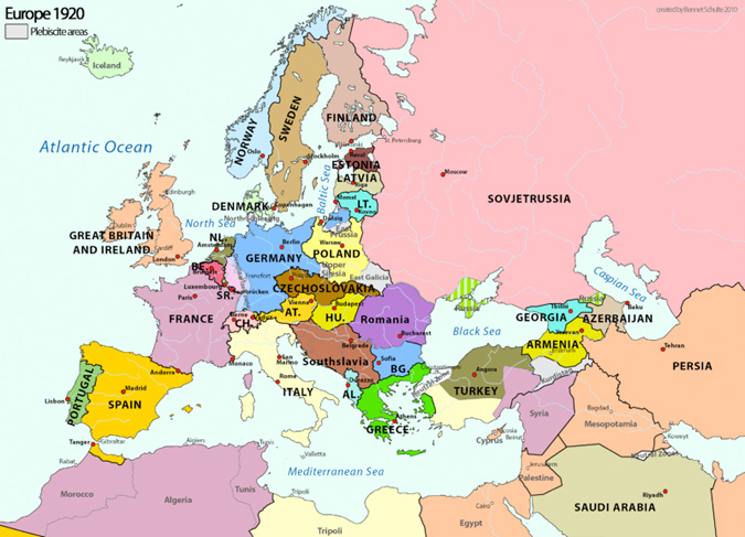 A political map of Europe in 1920 featuring a smaller Germany and Austria-Hungary broken up into many smaller countries.