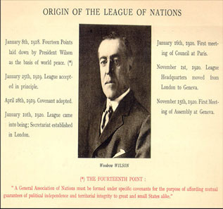 Image of a card titled, 'Origin Of The League Of Nations' with a picture of Woodrow Wilson in the middle