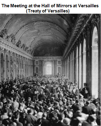 Image of the Hall of Mirrors at Versailles filled with men seated throughout the hall.
