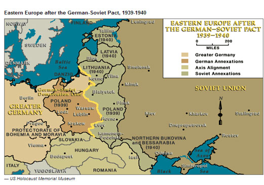 Image of a map of Eastern Europe that displays the division of Eastern Europe from 1939 to 1940.