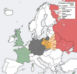 Image of a map of Europe illustrating the invasion of Poland by Germany and the Soviet Union.