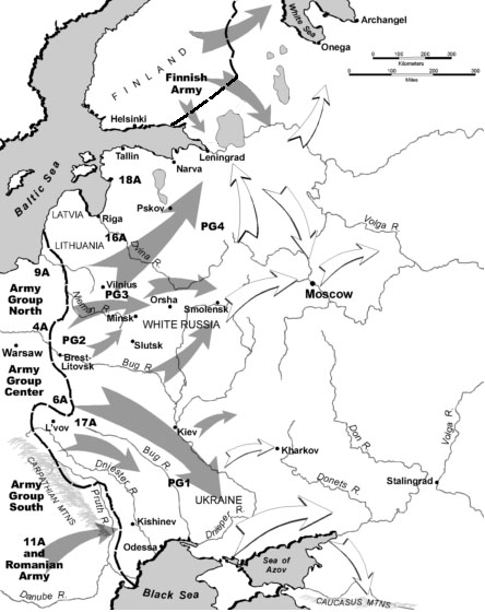 A special purpose map of Europe showing the German invasion routes into Russia in 1941.