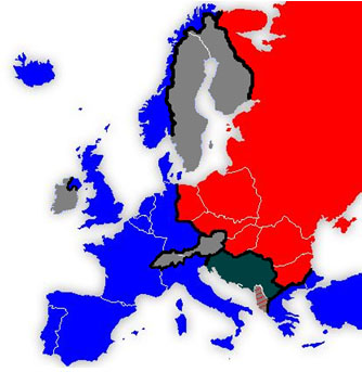 A special purpose map showing how Europe was divided by the Iron Curtain imposed by the USSR.