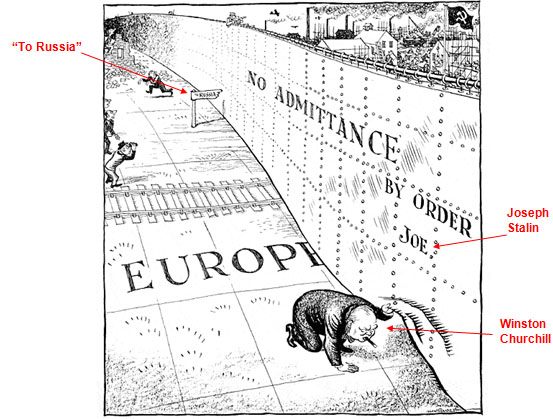 A political cartoon showing Winston Churchill lifting up a section of the Iron Curtain to see under it.