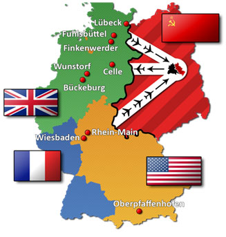 A special purpose map of Berlin showing the paths taken by US aircraft during the Berlin Airlift.