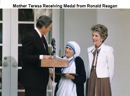 Image of Mother Teresa receiving a medal of honor from President Ronald Reagan, Nancy Reagan is standing in the background