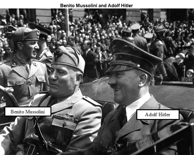 Image of Benito Mussolini and Adolf Hitler seated in the backseat of a convertible car