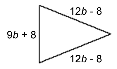 Isosceles triangle with base length of (9b + 8) and side lengths of (12b - 8)