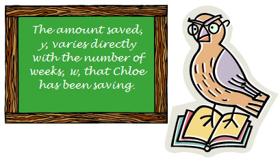 The amount saved, y, varies directly with the number of weeks, w, that Chloe has been saving