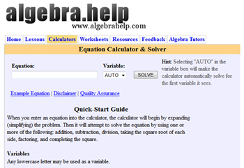 Screenshot of equation solver web site