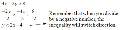 four x minus two y is greater than 8, or y is less than two x minus 4