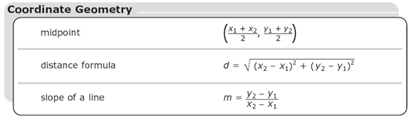 midpoint formula: the sum of x sub 1 and x sub 2 divided by 2,  the sum of y sub 1 y sub 2 divided by 2; distance formula: the square root of the difference of x sub 2 minus x sub 1 quantity squared plus the difference of y sub 2 minus y sub 2 quantity squared; slop of a line formula: the difference of y sub 2 minus y sub 1 divided by the difference of x sub 2 minus x sub 1