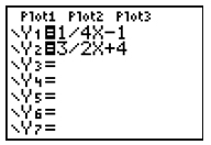 graphing calculator screen showing y1=1/4x-1 and y2=3/2x+4