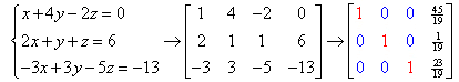 The image shows steps used to solve a system of three equations with three unknowns using RREF
