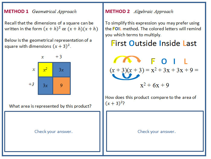 Method 1: Geometrical approach. Method 2: FOIL method, first outside, inside, last