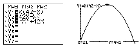 y equals screen from a graphing calculator and accompanying open-down parabolic graph