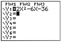 graphing calculator screen showing Y1=2x^2-6x-36