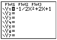 graphing calculator screen showing Y1=-1/2x^2+2x+1