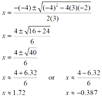 first line: x = fraction; numerator: -(-4) +- square root of ((-4) squared - 4(3)(-2), denominator: 2(3)

second line: x = fraction; numerator: 4 +- square root of (16 + 24), denominator: 6

third line: x = fraction; numerator: 4 +- square root of 40, denominator: 6

fourth line: x equals approximately fraction; numerator: 4 + 6.32, denominator: 6 or x equals approximately fraction; numerator: 4 - 6.32, denominator: 6

fifth line: x equals approximately 1.72 or x equals approximately -0.387