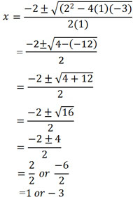 x=-2 +/- sqrt 2 ^2 -  4*1*-3 all over 2*1=1 or -3