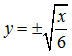 y = plus or minus square root of x over 6