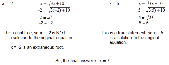 Checking the answers shows that x=-2 is an extraneous root; x=5 is a solution to the equation.