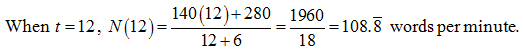 Substituting in t=12, he types 108.8 words/minute