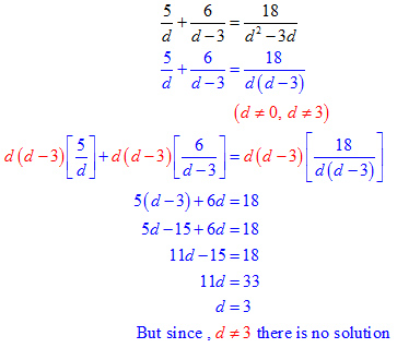 d≠3, 0; 5(d-3)+6d=18; 11d-15=18; 11d=33; d=3
