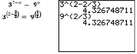 Graphing calculator screen with value for 3^(2-2/3) and 9^(2/3) shown