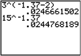 Graphing calculator screen with values for 3^(-1.37-2) and 15^-1.37 shown