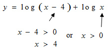 y = log(x-4) + logx:  x -4 > 0  then x > 4 or x > 0