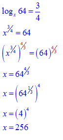 x times three-quarters = 64; (x times three-quarters)^four-thirds = (64)^four-thirds; x = (64 times one-third)^4; x = 4^4; x = 256